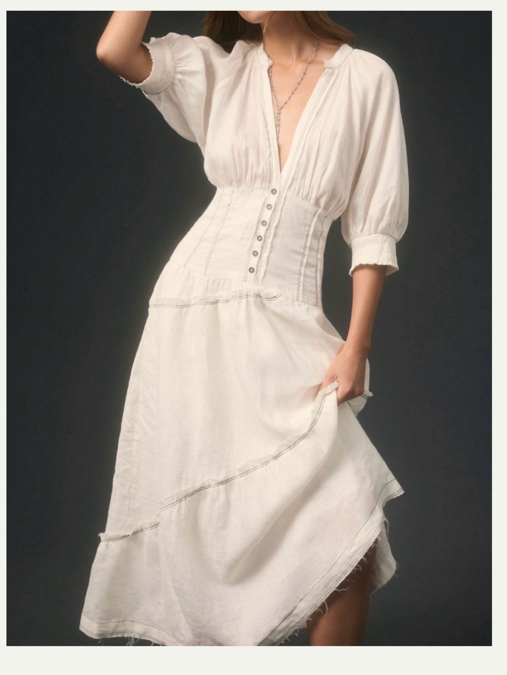 Anthropologie V-Neck Corset Midi Shirt Dress in Off White Medium - Picture 4 of 14